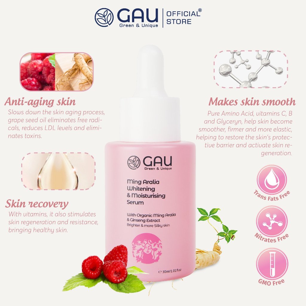 Serum Tinh chất Dưỡng Da Nhân Sâm Mâm Xôi Tự nhiên GAU Giảm Nếp Nhăn Căng bóng da Chống lão hoá 30ml