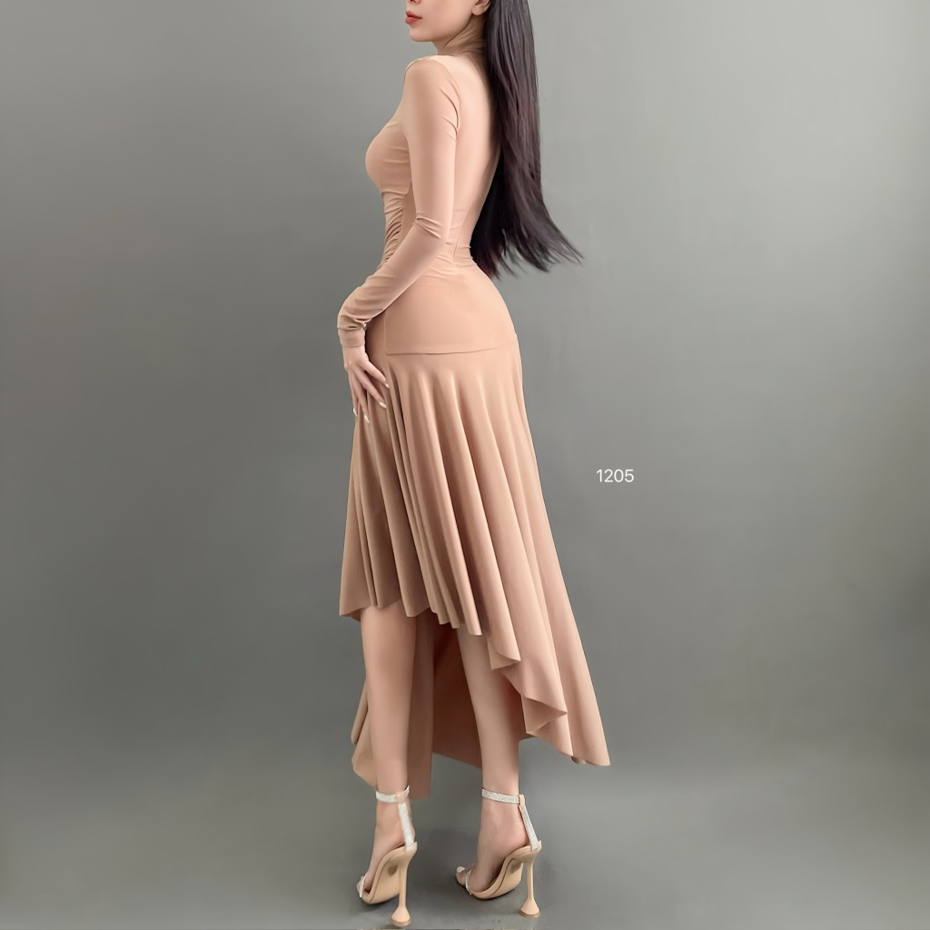 ĐẦM ÔM BODY DÁNG DÀI VẠC XÉO HAI MÀU NUDE VÀ ĐEN