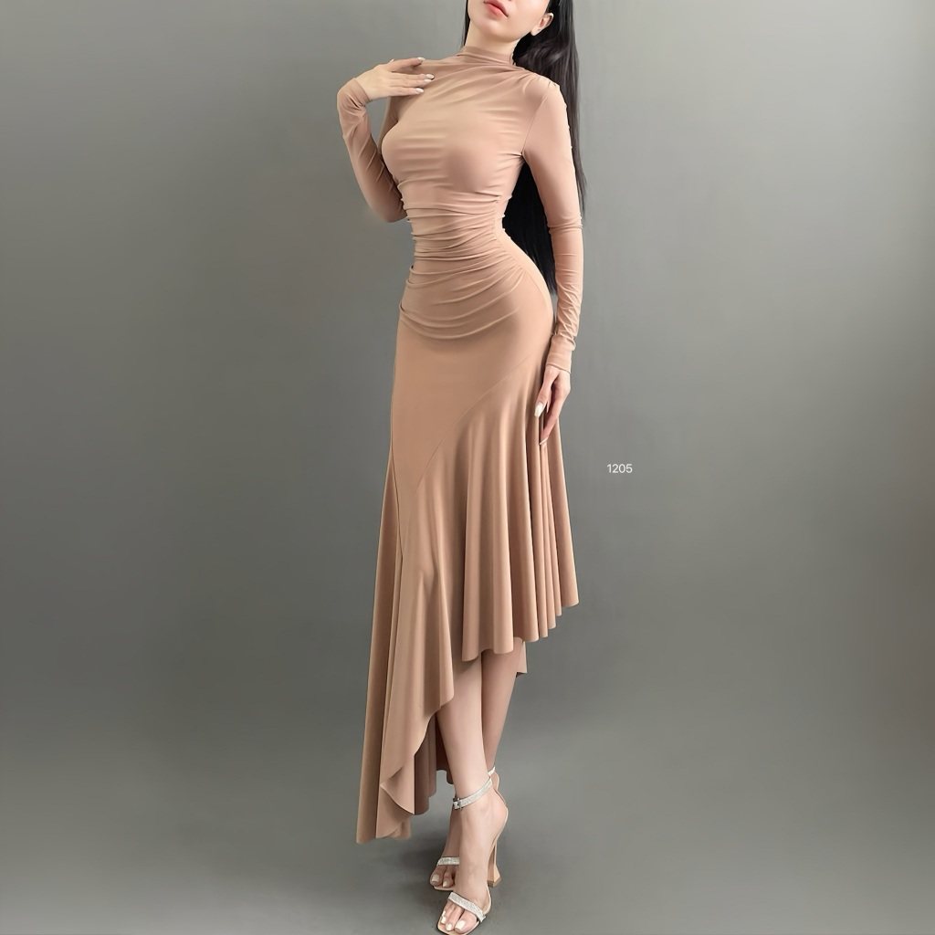 ĐẦM ÔM BODY DÁNG DÀI VẠC XÉO HAI MÀU NUDE VÀ ĐEN