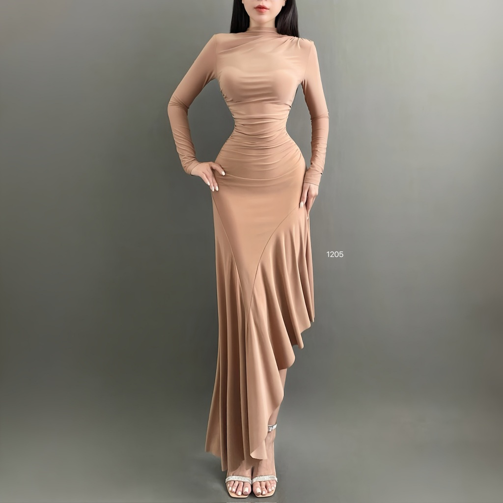 ĐẦM ÔM BODY DÁNG DÀI VẠC XÉO HAI MÀU NUDE VÀ ĐEN