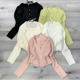 áo crotop cổ tròn tay dài cúc cài chất thun,vải xốp lụa co dãn