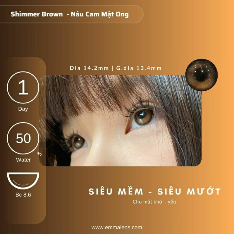 🌸 Kính áp tròng 1 ngày Shimmer Brown  - Lens 1 ngày nâu câm mật ong giãn nhẹ/Emma Lens 🌸