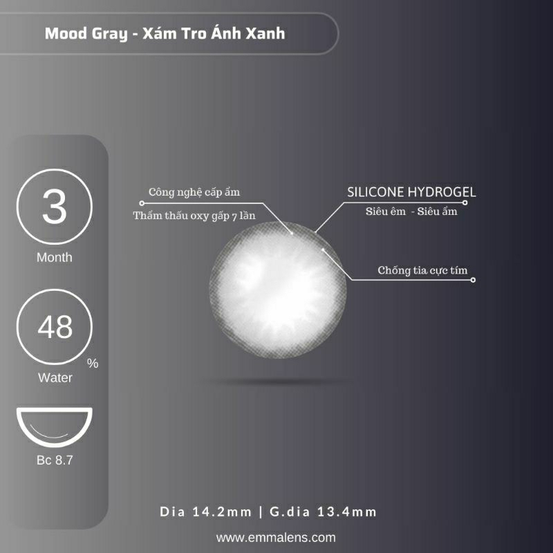 Kính Áp Tròng Mood Gray Cấp Ẩm 3 Tháng | Lens Xám Tây Giãn Nhẹ Siêu Ẩm 24h mỗi ngày| Emma Lens