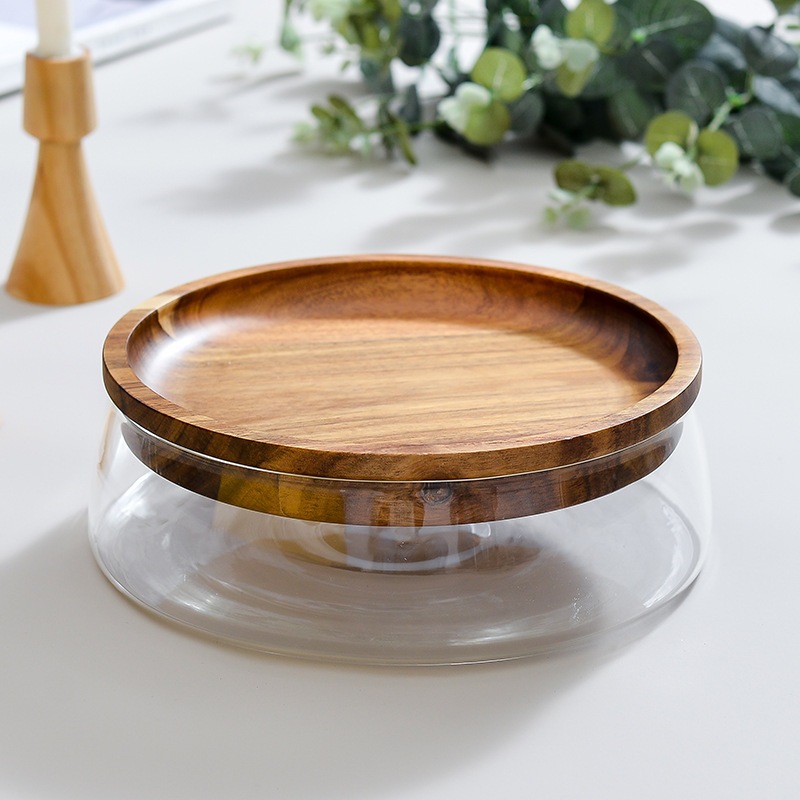 Khay đựng trái cây, bánh kẹo thương hiệu làm từ thủy tinh cường lực ONGTRE, có nắp gỗ keo cao cấp
