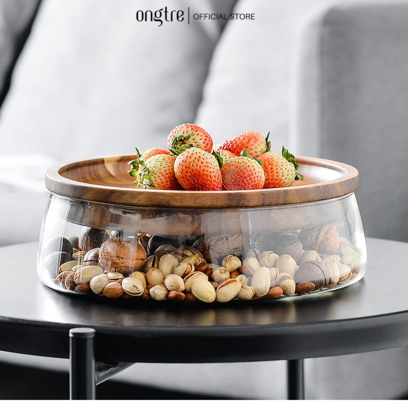 Khay đựng trái cây, bánh kẹo thương hiệu làm từ thủy tinh cường lực ONGTRE, có nắp gỗ keo cao cấp