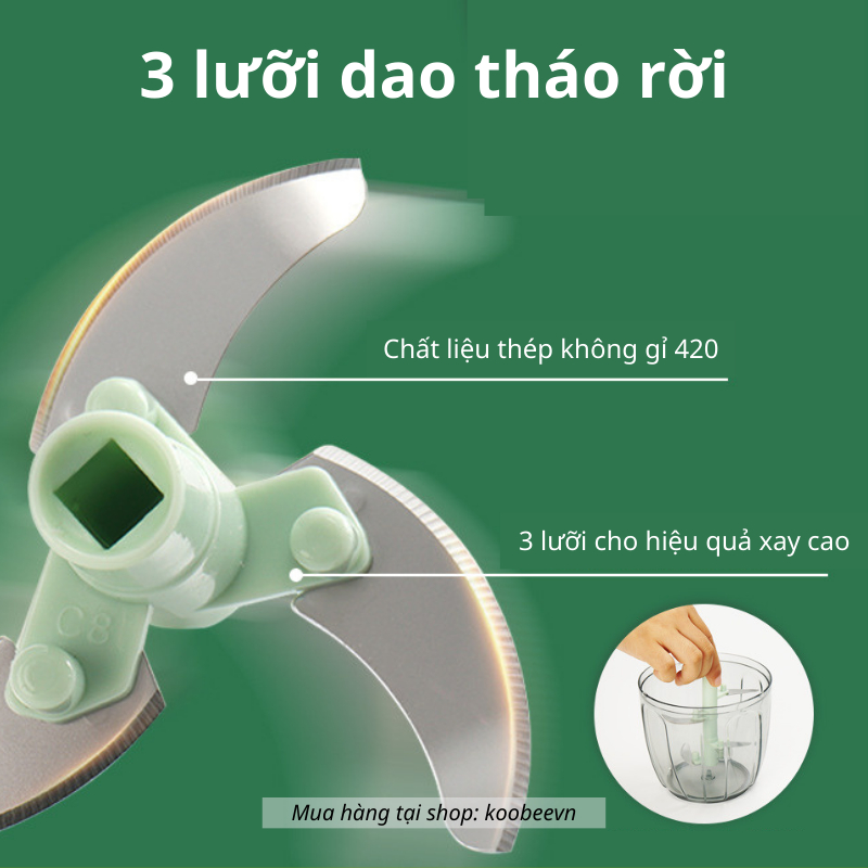 Máy xay tỏi ớt thực phẩm mini 3 lưỡi cầm tay dây kéo màu xanh đa năng tiện lợi | 007