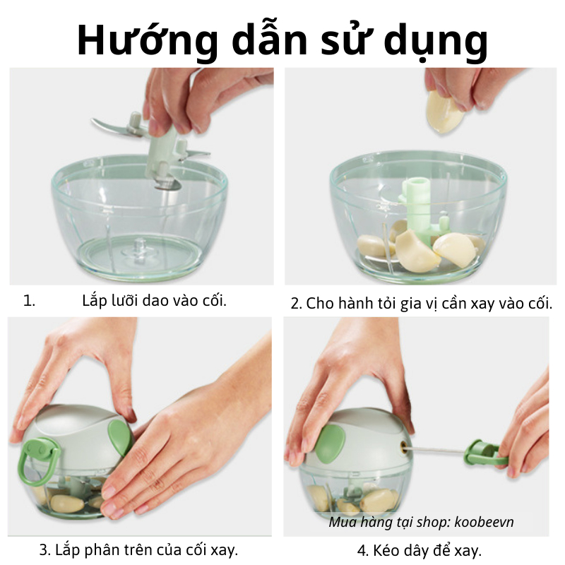 Máy xay tỏi ớt thực phẩm mini 3 lưỡi cầm tay dây kéo màu xanh đa năng tiện lợi | 007
