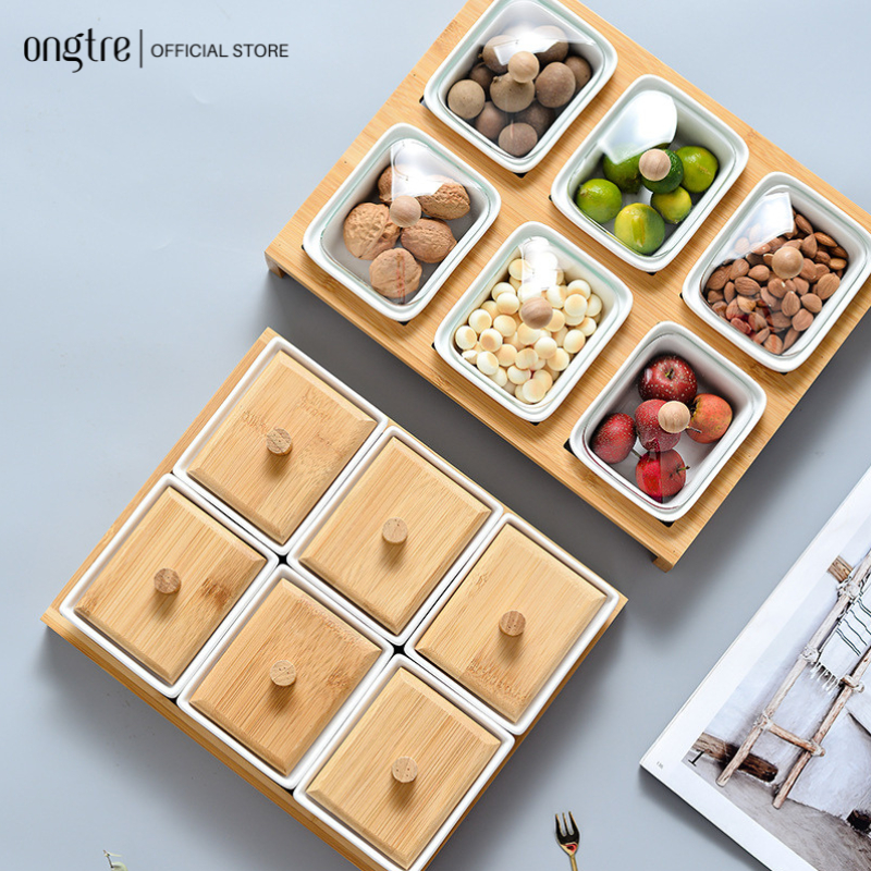 Khay Đựng Mứt Tết ONGTRE Bằng Tre Kèm Hũ Sứ, Khay Bánh Kẹo, Trang Trí Bàn Khách, Quà Tặng Tết