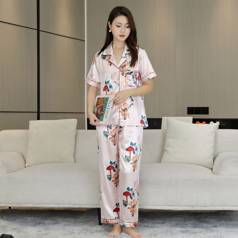 Bộ đồ Pizama lụa hoạ tiết hoa lá tay ngắn quần dài mặc nhà - Y24