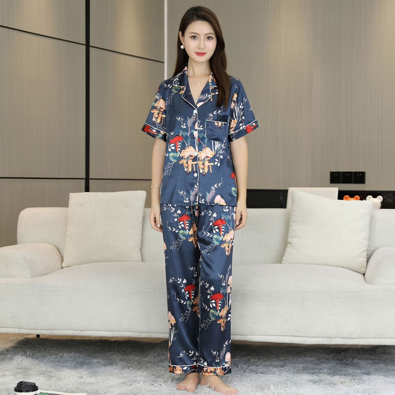 Bộ đồ Pizama lụa hoạ tiết hoa lá tay ngắn quần dài mặc nhà - Y24
