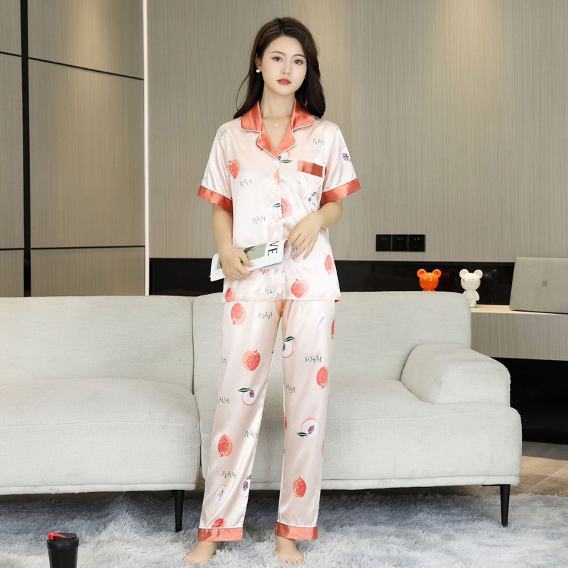 Bộ đồ Pizama lụa hoạ tiết hoa lá tay ngắn quần dài mặc nhà - Y24
