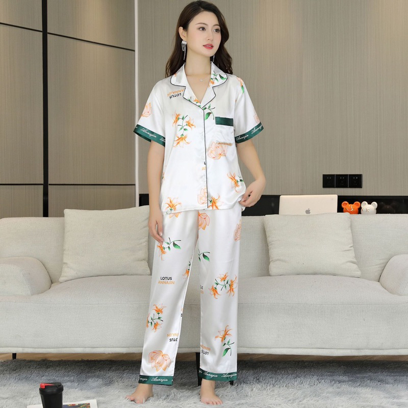 Bộ đồ Pizama lụa hoạ tiết hoa lá tay ngắn quần dài mặc nhà - Y24