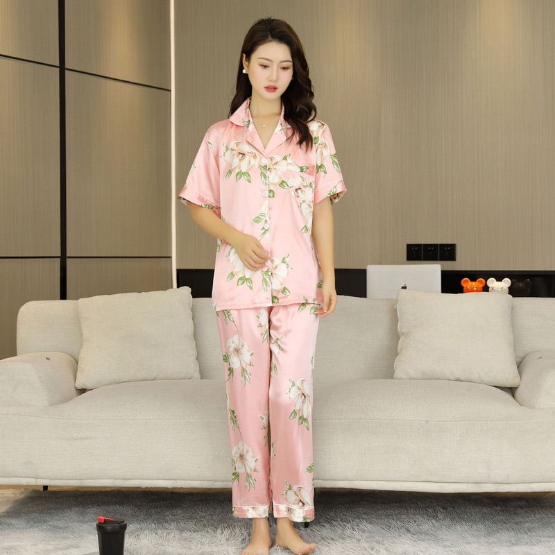 Bộ đồ Pizama lụa hoạ tiết hoa lá tay ngắn quần dài mặc nhà - Y24