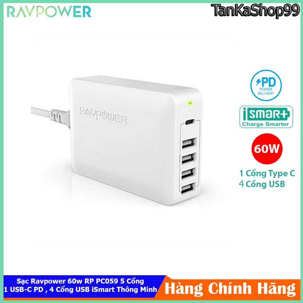 Trạm Sạc Ravpower RP PC059 60w 5 Cổng 1C 4A , Sạc Nhanh PD iSmart Thông ...