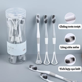 [ComBo] 8 Bàn Chải Đánh Răng Xám 2 Đầu Có Cạo Rơ Lưỡi .ĐTLV