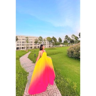 Maxi yếm ombre hở lưng xoắn cổ, sang chảnh, đi biển, du lịch vàng xanhn