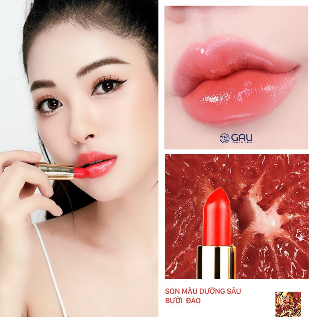Son Dưỡng Môi có Màu Chiết Xuất DÂU TẰM - BƯỞI ĐÀO Chính Hãng GAU Tự Nhiên Giúp Đôi Môi Căng mọng