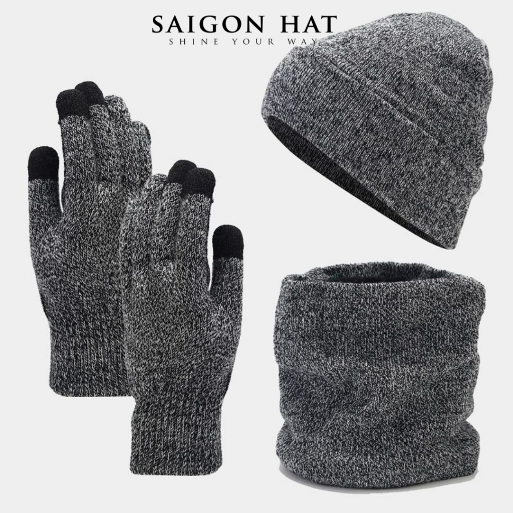 Mũ len nam set nón len nam trơn kèm khăn cổ ống bao tay giữ ấm phong ...
