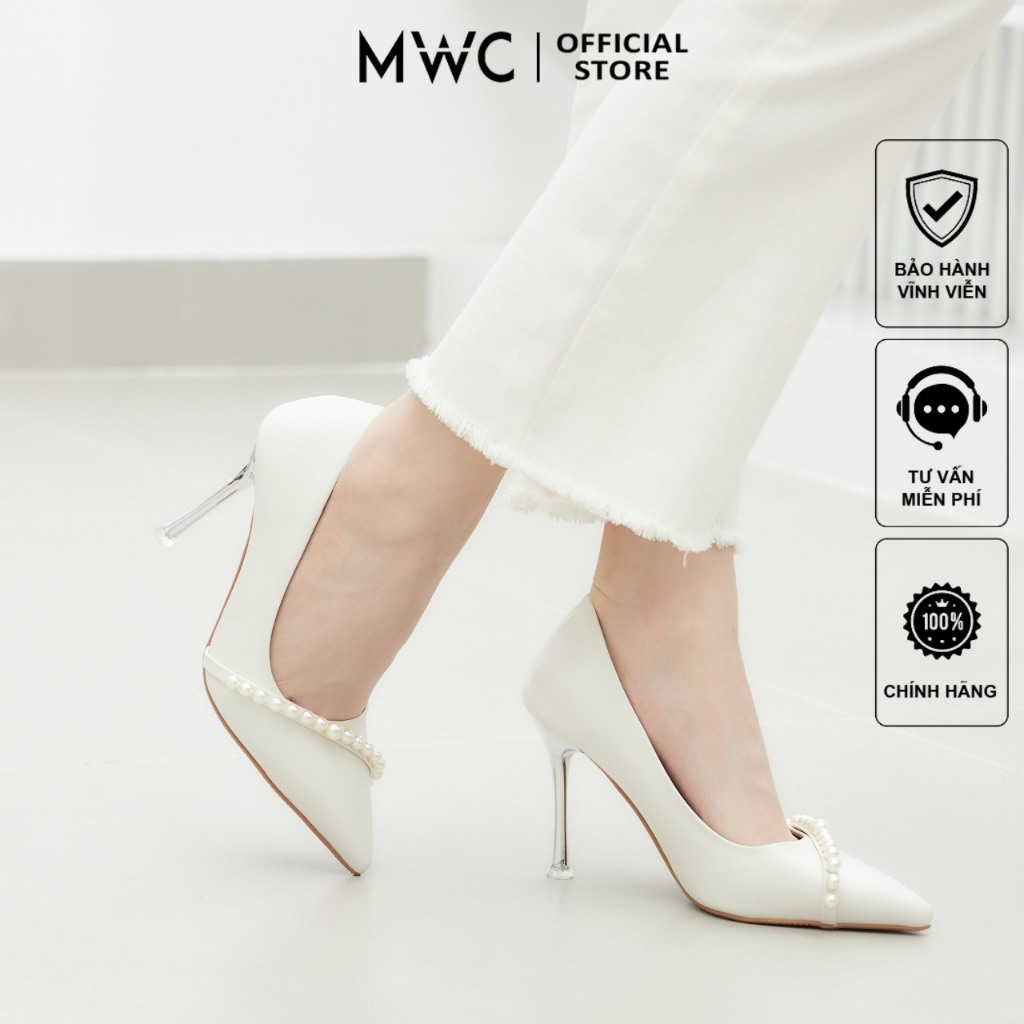 Giày Cao Gót 10cm MWC Mũi Nhọn Đính Quai Hạt Chéo Sang Trọng G025