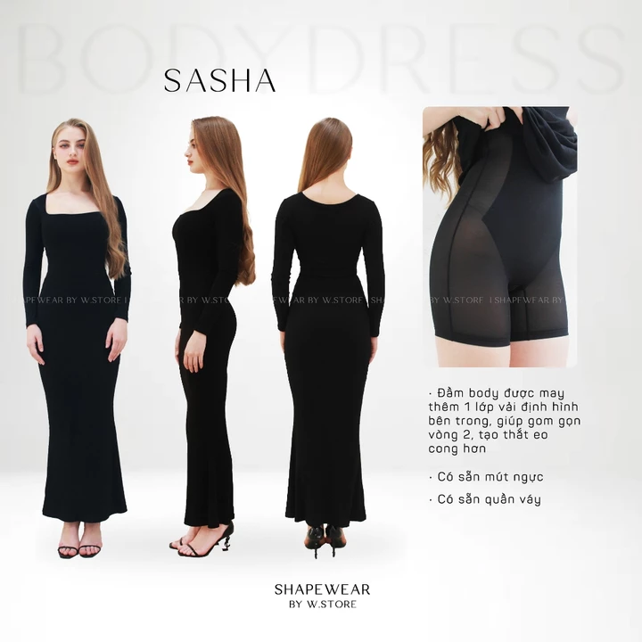 SASHA - Đầm Body Thun Gân Đuôi Cá Dài, Tay Dài - Váy Body Siết Eo Shapewear Bodydress WSTORE - Đầm Body Dự Tiệc Bigsize