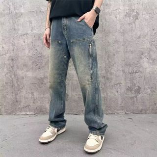 Quần Bò Jean Nam Ống Suông Rộng Phối Khóa Kép Màu Bụi Avocado, Quần dài baggy ống rộng nam nữ Retro Vintage cao cấp