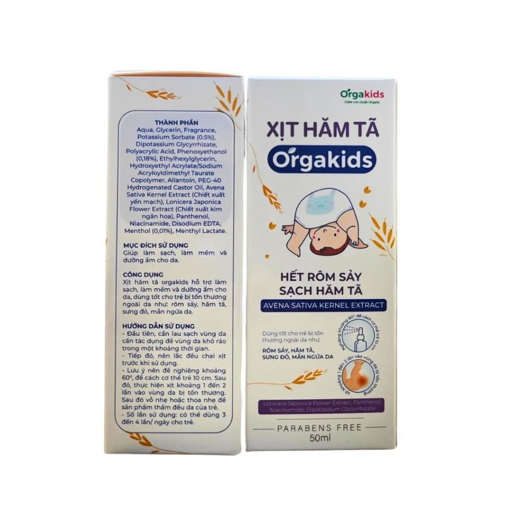 Xịt hăm tã CẬN DATE cao cấp cho bé Orgakids hết rôm sảy, sạch hăm tã, làm mềm và dưỡng ẩm cho da bé, lọ 50ml
