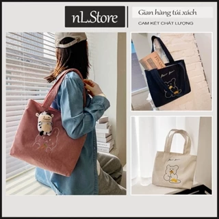 Túi tote nữ vải bố canvas nhung có khóa kéo gấu đựng đồ i đi làm sách vở đi học nl.Store T02