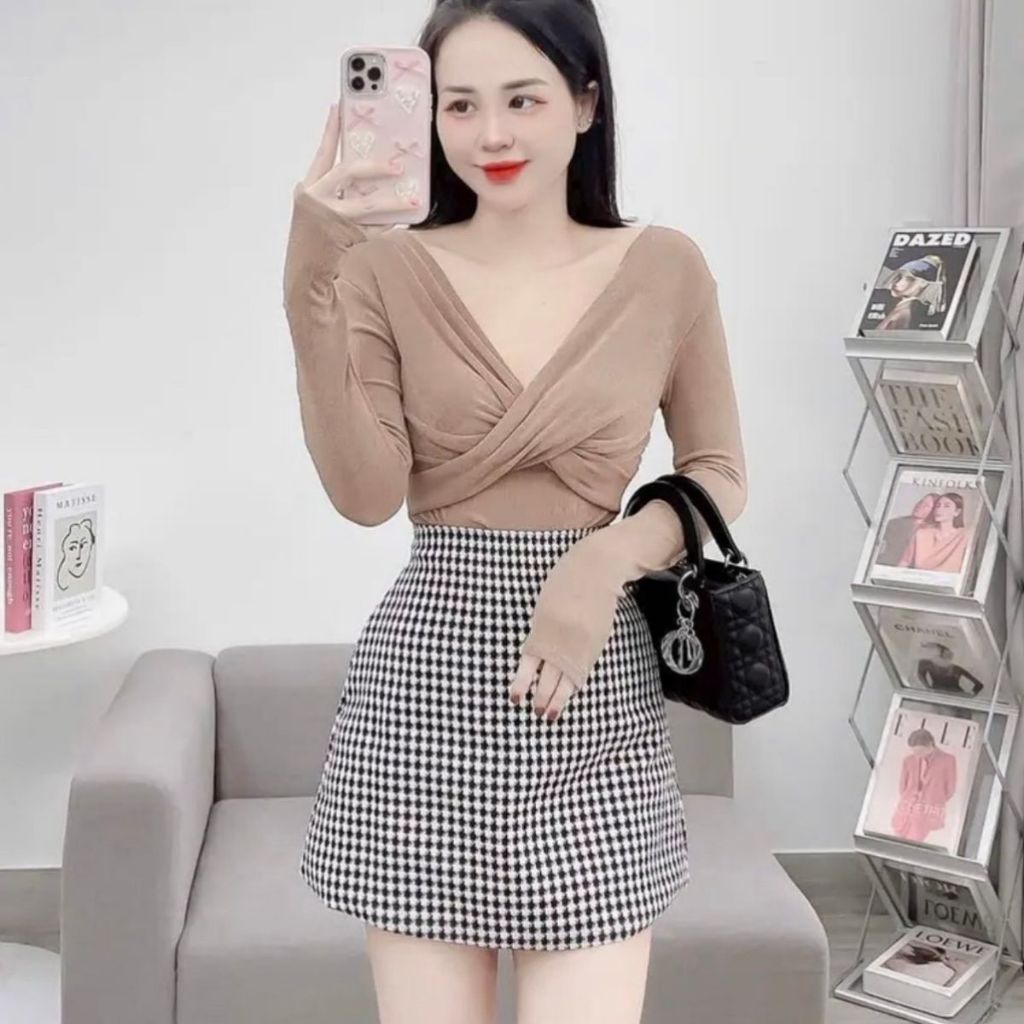 Áo Thun Nhũ Bigize Tay Dài ESHOP MS025 Áo Kiểu Nữ Kim Tuyến Nhũ Dài Tay Xoắn Ngực Ôm Body Sang Chảnh
