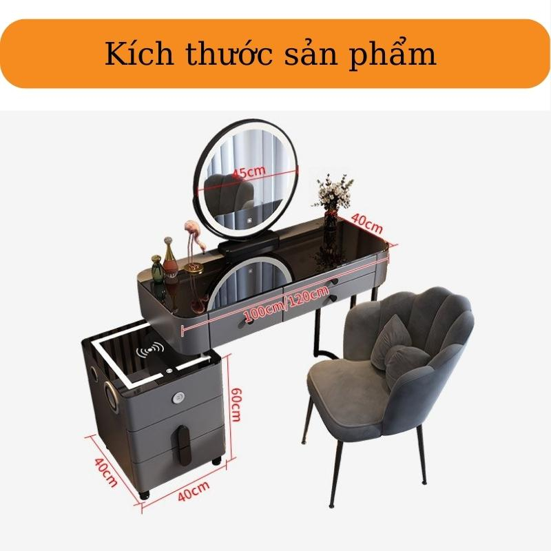 Bàn Phấn, Bàn Trang Điểm Thông Minh nhập khẩu,Sạc Không Dây Gương Led Cảm Ứng 3 màu, Loa Bluetooth, 2 Cổng USB T03