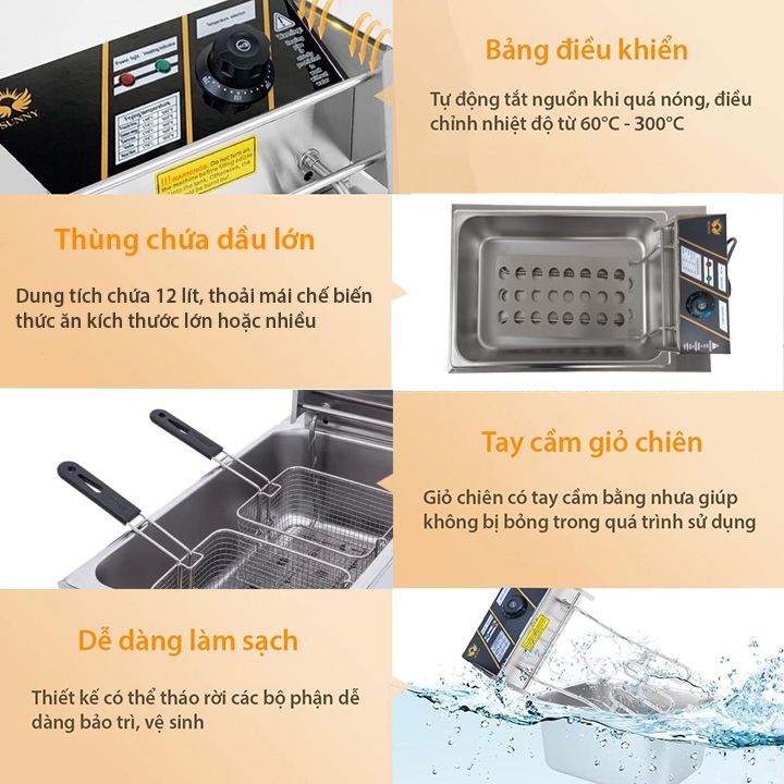 Bếp chiên dầu, bếp chiên nhúng điện 12l SUNNY 3000W nhiệt độ cao, sôi cực nhanh