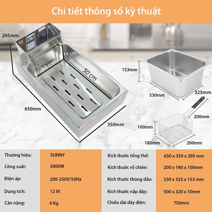 Bếp chiên dầu, bếp chiên nhúng điện 12l SUNNY 3000W nhiệt độ cao, sôi cực nhanh