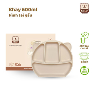 Khay ăn dặm chính hãng Mily 4 ngăn hình tai gấu có đế hít chống đổ làm từ silicon.
