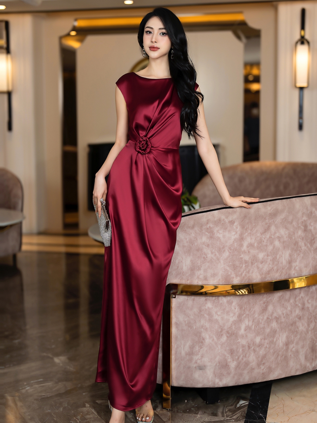 Đầm Dạ Hội Xếp Ly Eo Kết Hoa Đẹp Sang Trọng Quý Phái D10043