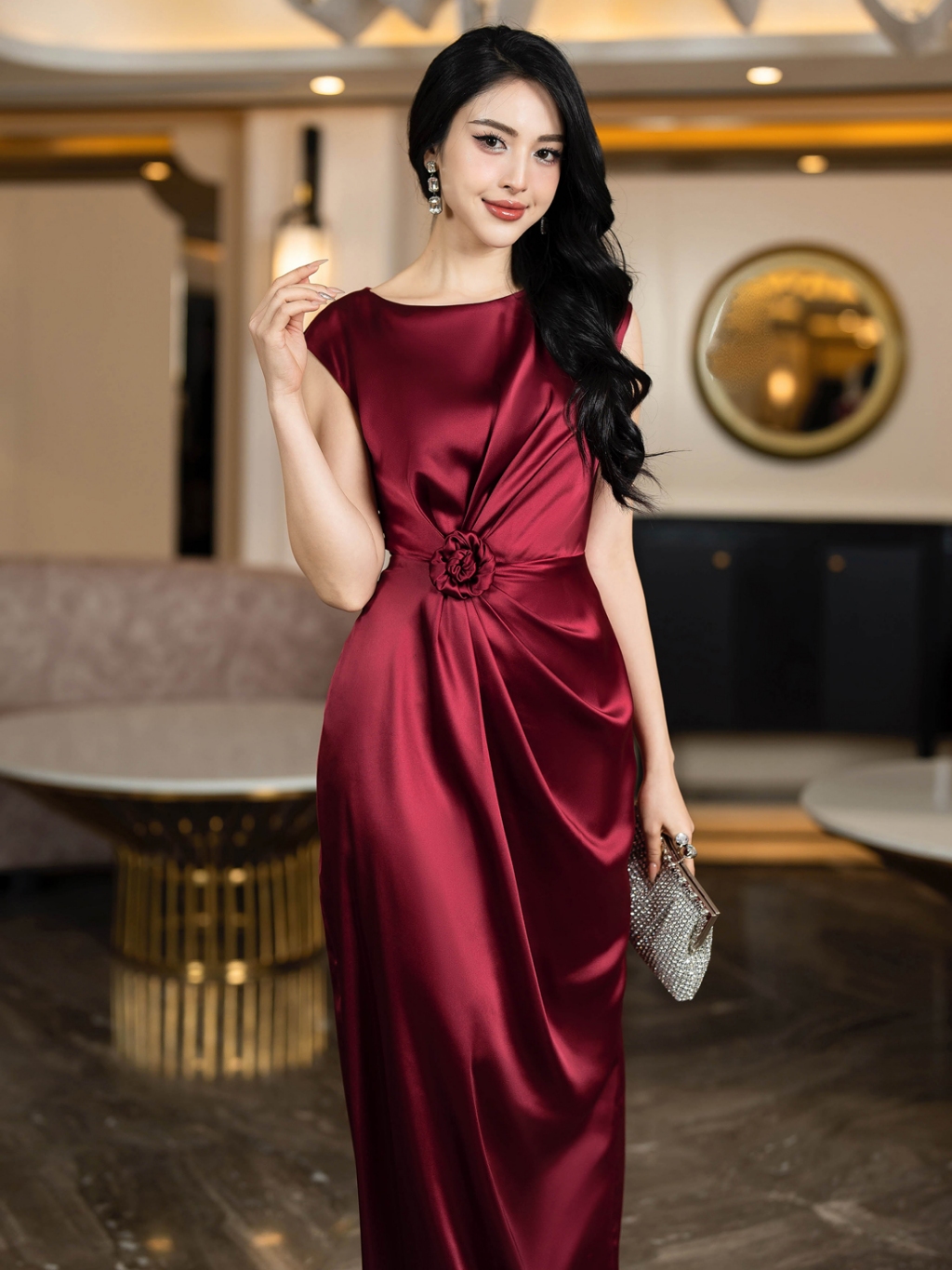 Đầm Dạ Hội Xếp Ly Eo Kết Hoa Đẹp Sang Trọng Quý Phái D10043
