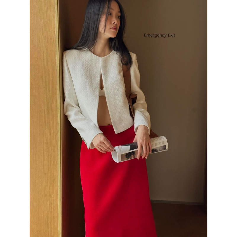 Bộ - Áo blazer nữ & Chân váy dài màu đỏ trắng  [MAY THEO SỐ ĐO] - chất liệu cao cấp, 2 lớp - lót lụa