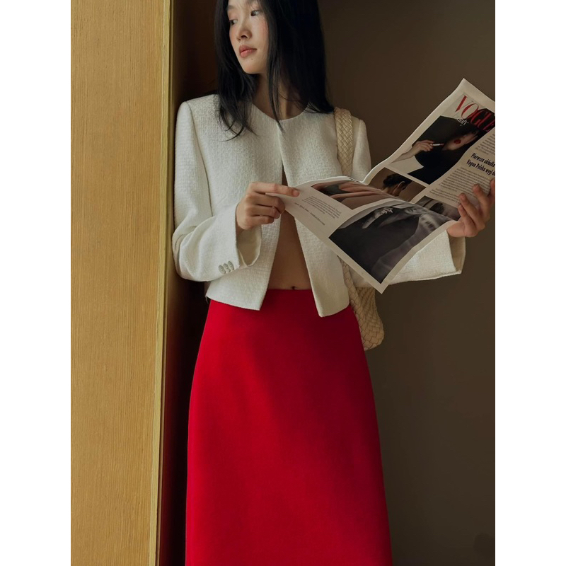 Bộ - Áo blazer nữ & Chân váy dài màu đỏ trắng  [MAY THEO SỐ ĐO] - chất liệu cao cấp, 2 lớp - lót lụa
