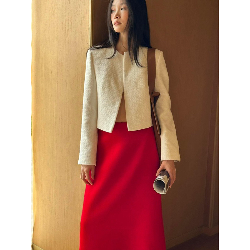 Bộ - Áo blazer nữ & Chân váy dài màu đỏ trắng  [MAY THEO SỐ ĐO] - chất liệu cao cấp, 2 lớp - lót lụa