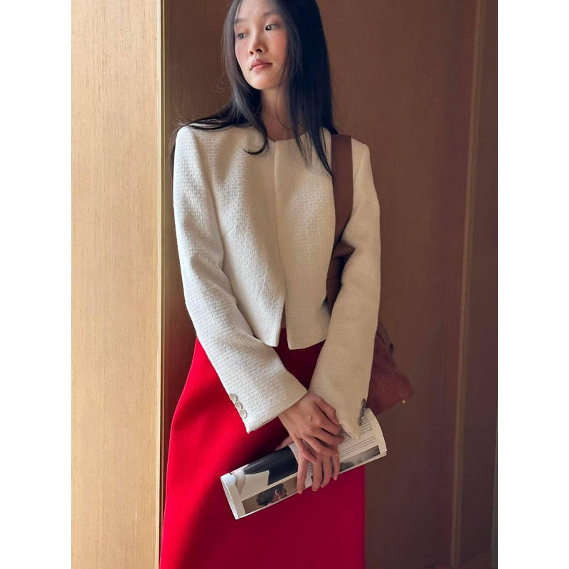 Bộ - Áo blazer nữ & Chân váy dài màu đỏ trắng  [MAY THEO SỐ ĐO] - chất liệu cao cấp, 2 lớp - lót lụa