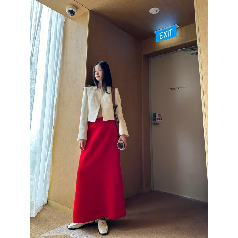 Bộ - Áo blazer nữ & Chân váy dài màu đỏ trắng  [MAY THEO SỐ ĐO] - chất liệu cao cấp, 2 lớp - lót lụa
