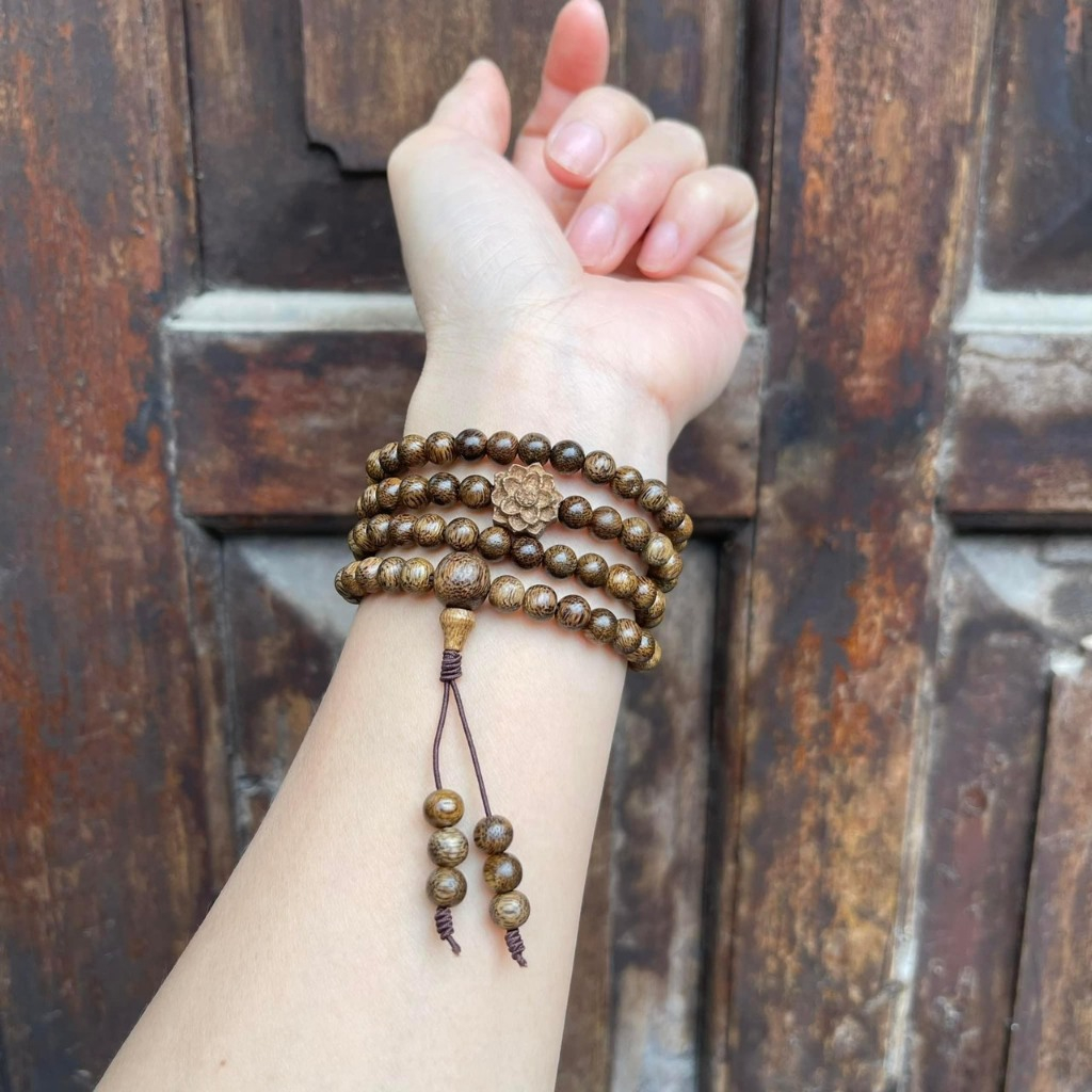 [Phong thủy Cổ Học]Vòng Tay 108 Hạt Trầm Hương Tốc Việt Mix charm Hoa Sen-Tràng Hạt -Vòng Tay Phong Thủy- 6 7 8 mm