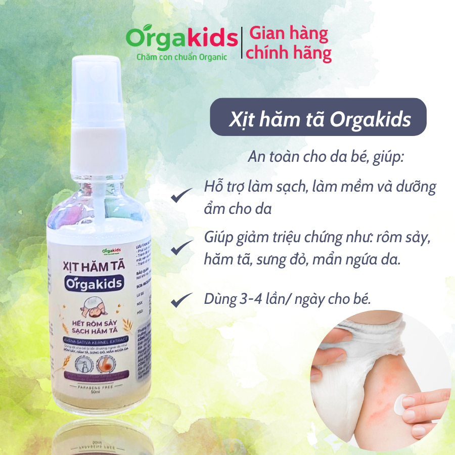 Xịt hăm tã CẬN DATE cao cấp cho bé Orgakids hết rôm sảy, sạch hăm tã, làm mềm và dưỡng ẩm cho da bé, lọ 50ml