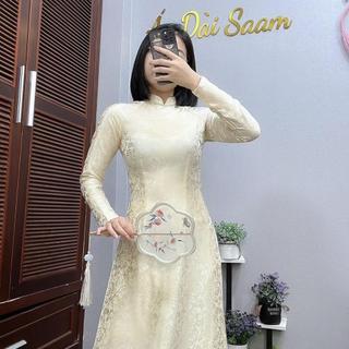 Áo dài gấm be truyền thống cổ tròn,cổ V Áo dài saam thiết kế tà dài tay dài Tết 2026