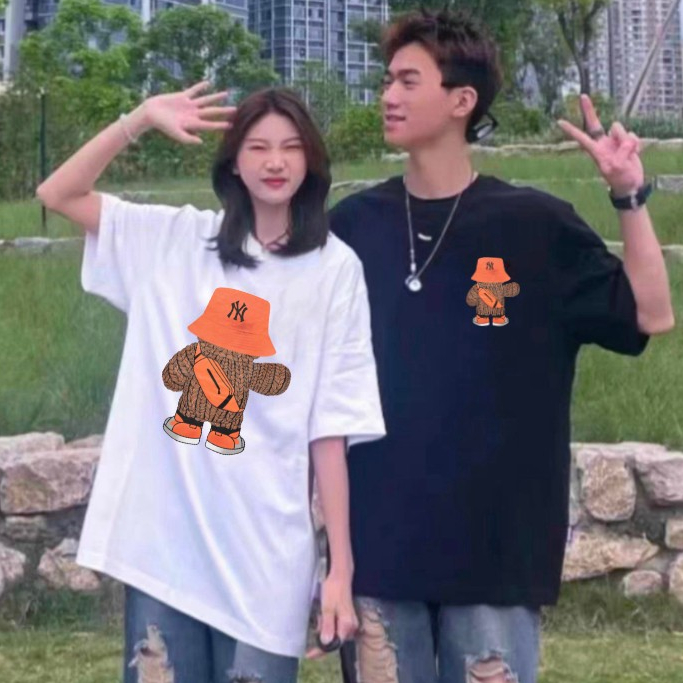 [Siêu tốc 4h] Áo Thun Đôi Gấu Đội Mũ NY Cotton Cao Cấp 250 Gsm Form Rộng Unisex Nhiều Màu AP189