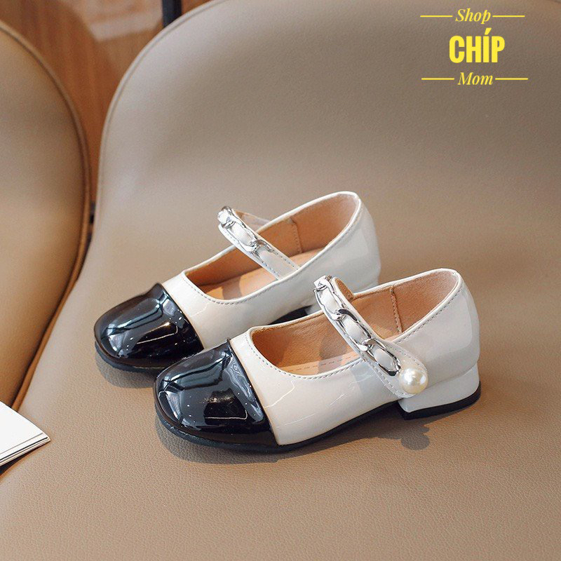 giày búp bê bé gái mũi đen da bóng mềm êm chân chống trượt QCCC có hộp cho bé từ 2 tuổi có size đại cống chúa tiệc V85