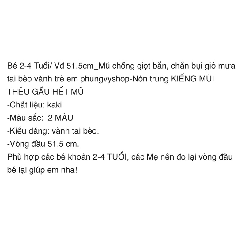 Bé 2-3 Tuổi/ Vđ 50cm_Mũ chống giọt bắn, chắn bụi gió mưa tai bèo vành trẻ em phungvyshop-Nón KIẾNG MÚI THÊU GẤU HẾT MŨ