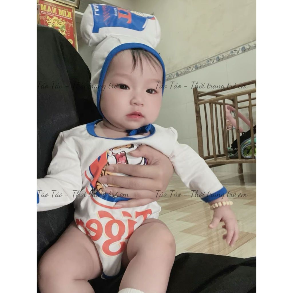 (HÀNG CÓ SẴN) Bộ bodysuit cover Bia lon kèm mũ, tặng kèm tất xanh chống trượt cho bé trai, bé gái, sơ sinh chất vải đẹp