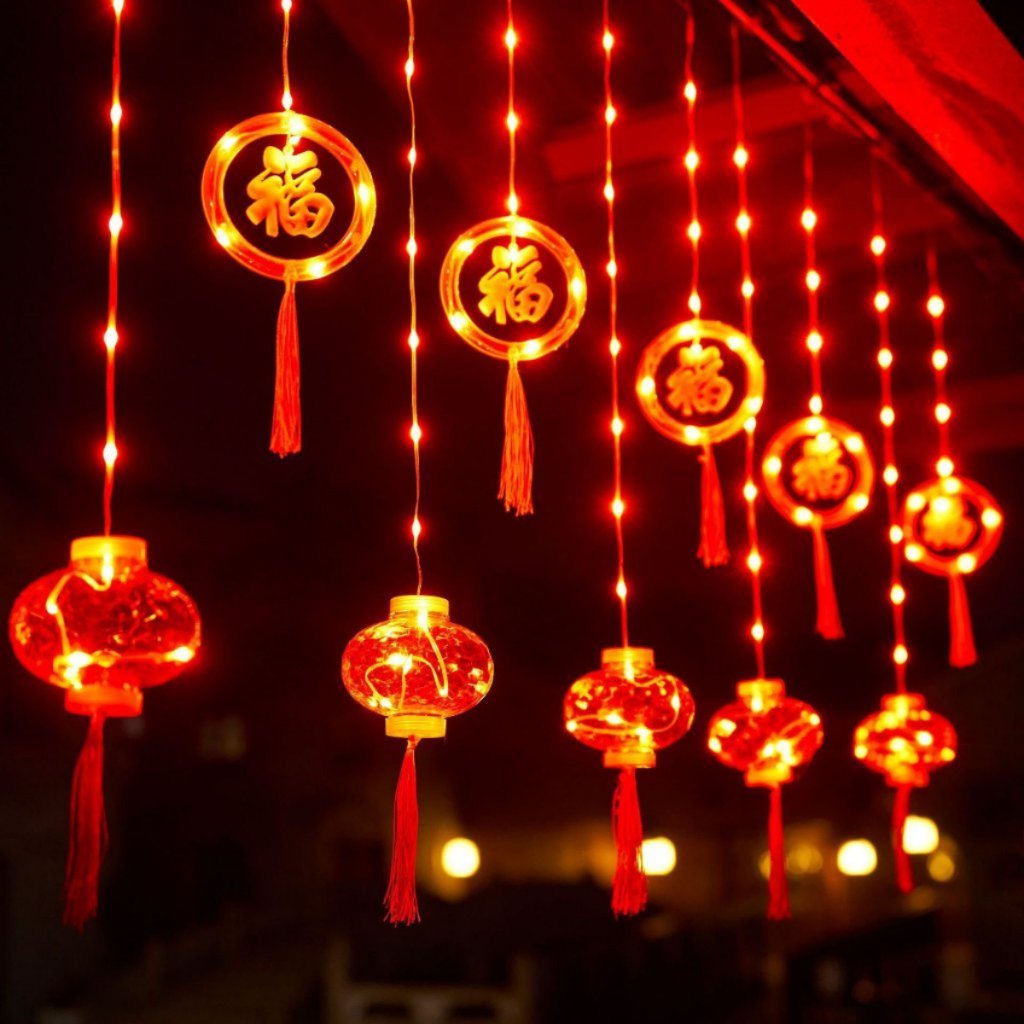 Đèn LED Rèm lồng đèn Vòng tròn Chữ Phúc Dài 4m Trang trí Lễ Tết Có phích cắm nối tiếp