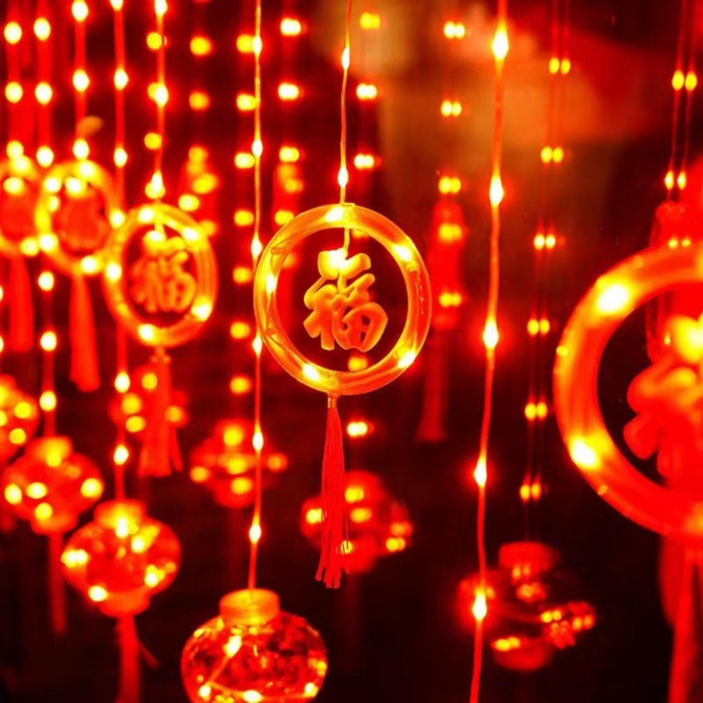 Đèn LED Rèm lồng đèn Vòng tròn Chữ Phúc Dài 4m Trang trí Lễ Tết Có phích cắm nối tiếp