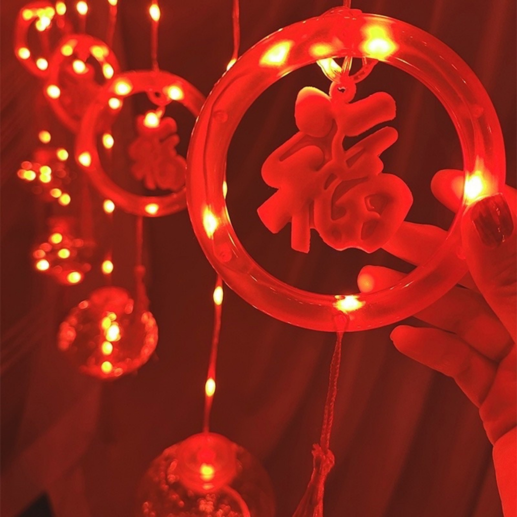 Đèn LED Rèm lồng đèn Vòng tròn Chữ Phúc Dài 4m Trang trí Lễ Tết Có phích cắm nối tiếp