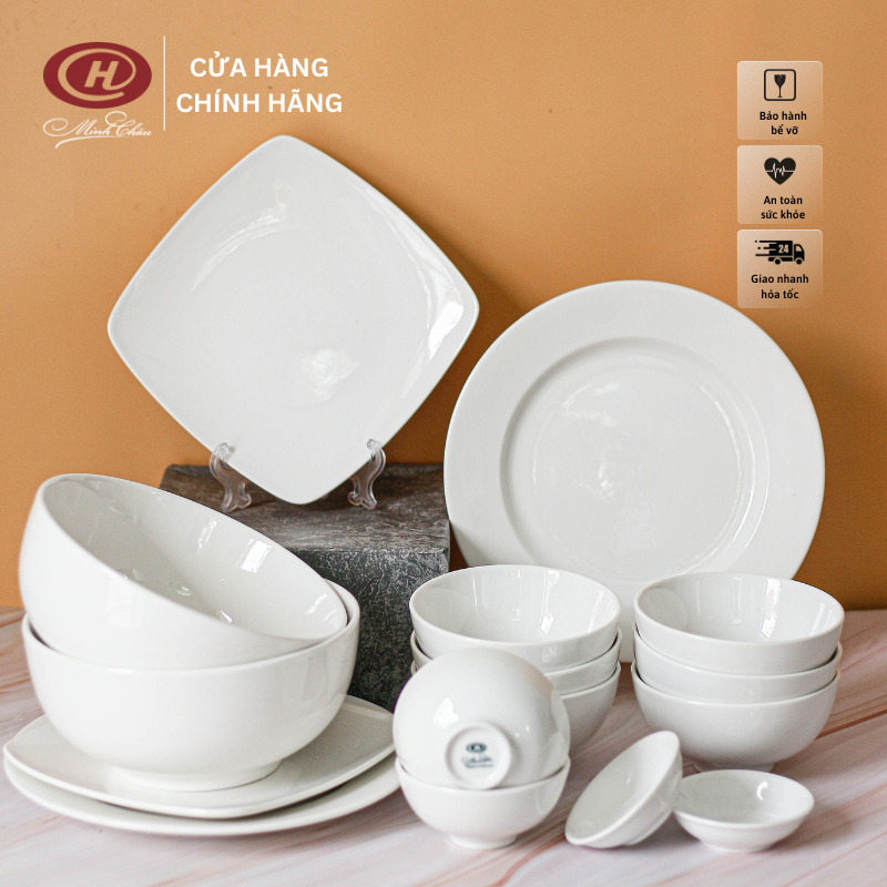 Bộ Bát Đĩa Sứ Trắng Trơn 16 Món Cỡ Vừa - Sứ Minh Châu